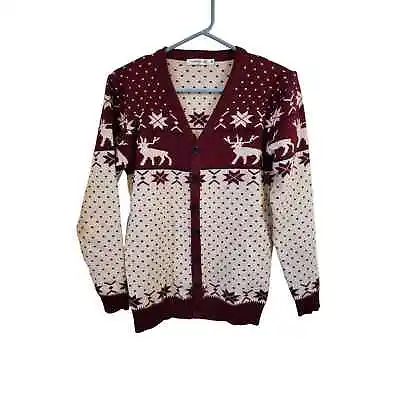 NOROZE Red & White Elk Snowflake XMAS Button Up Cardigan Sweater Unisex XL  • $27