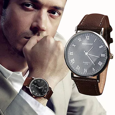 Men’s Black Dial Contemporary Analogue Quartz Watch With Grained Leather Strap • £9.95