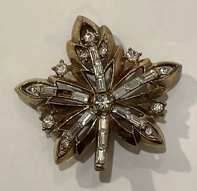 1949 Crown Trifari Gold Plated Crystal Rhinestone Maple Leaf Brooch Pendant Pin • $24