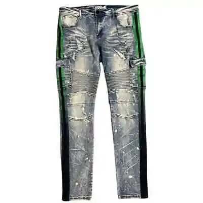 Preme Moto Distressed Jeans Mens Stretch Cargo Jeans Striped 38X34 • $21.06