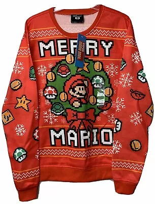 Super Merry Mario Wreath Nintendo Festive Ugly Christmas Sweatshirt Mens Size M  • $29.99