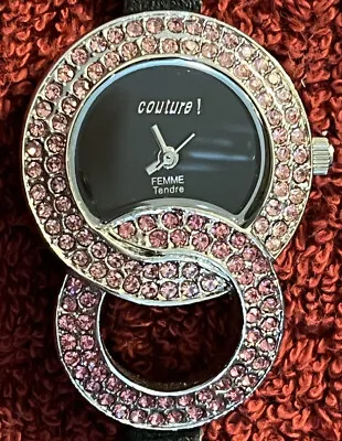 £10 • Buy COUTURE FEMME Silver Tone Pink Diamond Encrusted Black Leather Watch - VGC/GWO