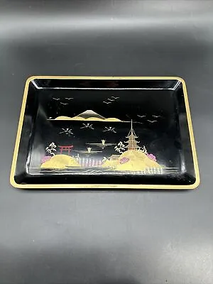 Vintage Imaoka Japanese Black Lacquer Serving Tray Metallic Painting Mountains • $29.99