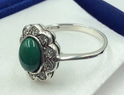 Stunning Art Deco Sterling Silver 925 Malachite And Paste Ladies Ring Size Q 1/2 • £49.99