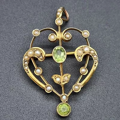 Superb Edwardian Solid 9ct Gold Peridot Pearl Pendant/Brooch • £174.99