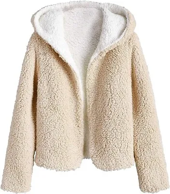 Zaful Ladies Teddy Coat Fuzzy Fleece Reversible Open-Front Hooded Jacket Size S • £6.99