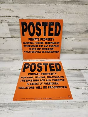 2 Unused POSTED PRIVATE PROPERTY-NO HUNTING Orange Vinyl SIGNS Aluminum Vintage? • $21.99