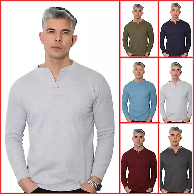 Mens Henley Long Sleeve Thermal T Shirt Top Grandad Neck Waffle Net Shirt 2208-A • £11.99