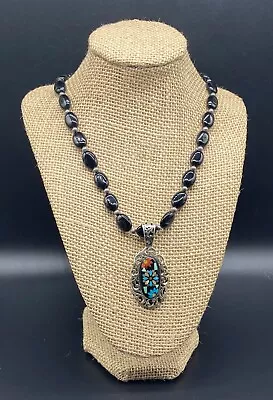 CAROLYN POLLACK-Sterling SW Black Agate Bead Mosaic Inlay Pendant Necklace • $140