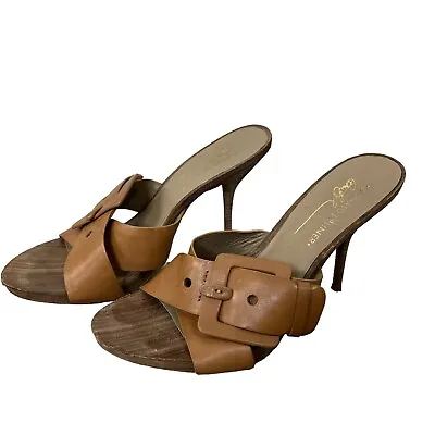 Donald J Pliner Size 8 Elaine Tan Leather Open Toe Sandals Wood Heel • $42.99