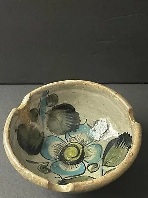 Vintage Tonala Mexico Folk Art Pottery Ashtray Trinket Dish Floral Flowers Round • $12