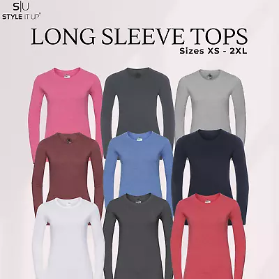 Womens Ladies Plain Long Sleeve T-Shirt Top Fitted Stretch Basic Casual Cotton • £6.99