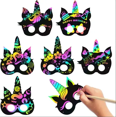 £5.95 • Buy 6X Unicorn Mask Rainbow Scratch Unicorn DIY Eye Masks Party Supplies Craft Kit