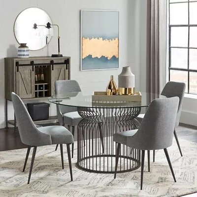 5 Pc Metal Cage Like 48  Glass Top Dining Table Grey Fabric Chairs Furniture Set • $1099