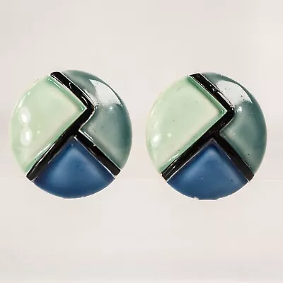 Vintage Har Clip On Earrings Mondrian Art Style Blue Green Enamel • $15.79
