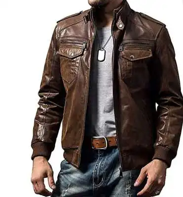 Mens Trending Fashion Vintage Classic Brown Motorcycle Leather Biker Jacket • $129.99