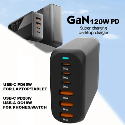 GaN 120W/65W Desktop Charger Quick Fast Charging QC PD Type C USB Power Adapter • $31.88