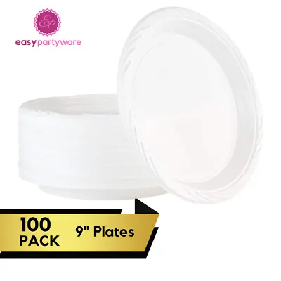 100 WHITE PLASTIC PLATES 9  23cm Large Heavy Duty Microwave Safe Tableware Party • £10.99