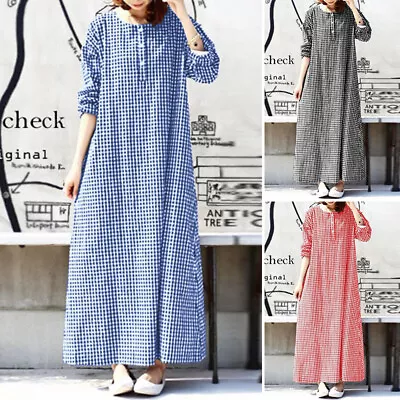 Fashion Womens Check Plaid O Neck Long Dress Casual Loose Shirt Dresse • £9.74