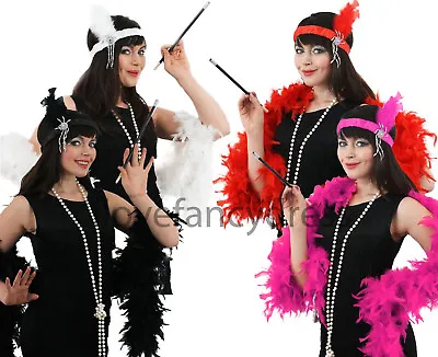 £11.99 • Buy Ladies Flapper Fancy Dress Set Headband Feather Boa Pearl Necklace Cig Holder