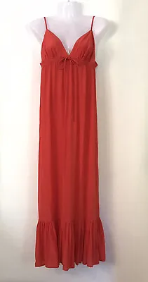Witchery Size S 10 Silk Strappy A-line Cami Maxi Dress Tie Bust Ruffle Hem Coral • $29