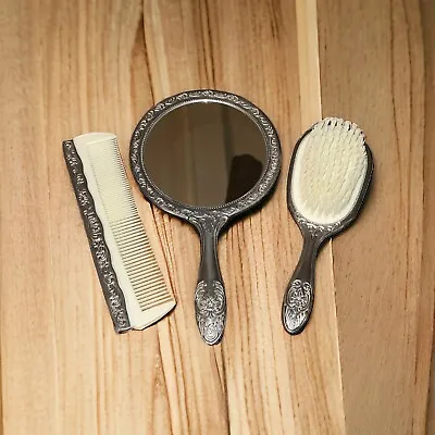 Vintage 3 Piece Dresser Vanity Set Silver Plated Mirror Brush And Comb(heavy) • $45