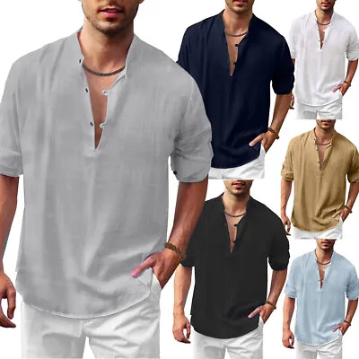 Men Shirts T-Shirt Tunic Tops Blouse Casual Cotton Linen Long Sleeve Beach • $14.82