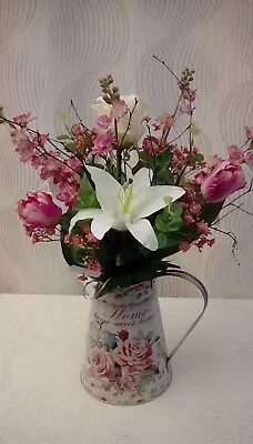 Artificial Flower Arrangement White And Pink In Tall Zink Jug Vase.  • £29.95