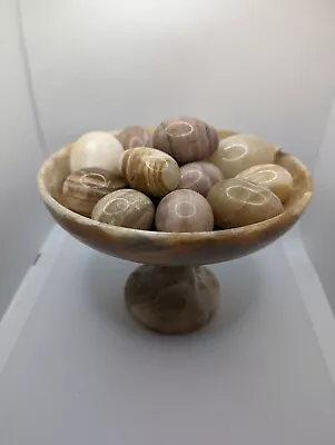 Beautiful Banded Calcite Onyx Pedestal Bowl With 14x Eggs Alabaster? Marble? • £48.95