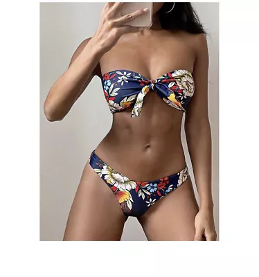 ZAFUL Bikini Bottoms  Women Sz Small 4 Floral Bikini Bottoms Lapis Blue • $9.77