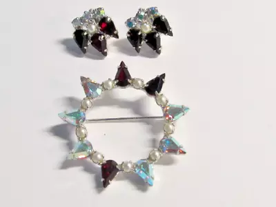 Signed B David Jewelry Prong Set AB & Ruby Red Rhinestones Brooch & Earrings • $31.99