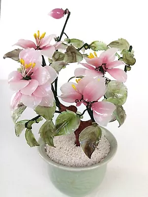 Vintage Asian Jade Glass Flowering Pink Cherry Blossom Bonsai Tree 8  • $20.30