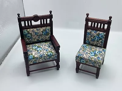 Vintage Dollhouse Chair Wood Set ~ Upholstered Blue Flowers ~ 1:12 • $10