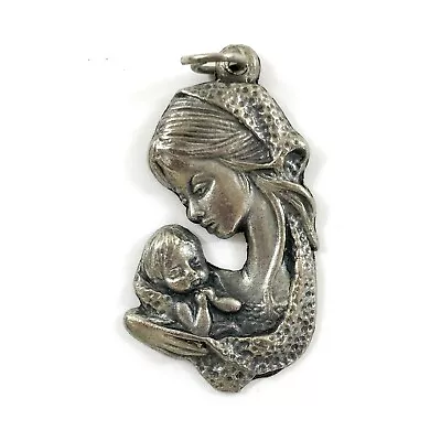 Vintage Catholic Mary Child Jesus Medal Pendant Silver Tone Charm Italy • $9.99