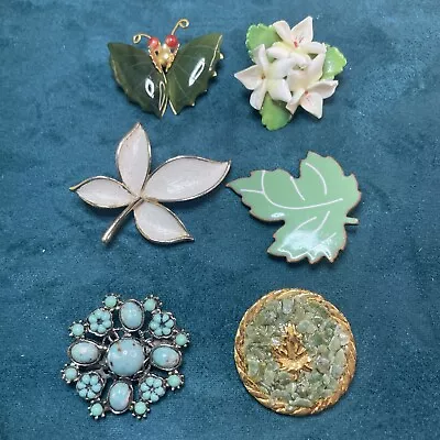 Vintage Brooch Lot Of 6 Jade Bone China JJ Butterfly Leaf Flowers • $9