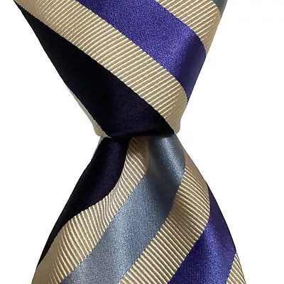 VITALIANO PANCALDI Mens 100% Silk XL Necktie ITALY Luxury STRIPED Blue/Ivory EUC • $90.99