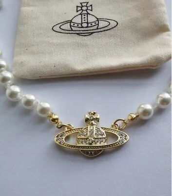 Vivienne Westwood Mini Bas Relief White Pearl Choker Crystal Orb Necklace • $42.60
