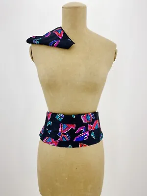 Vintage 80s 90s Black Pink Blue Funky Retro Formal Cummerbund Pocket Square Set • $19.99