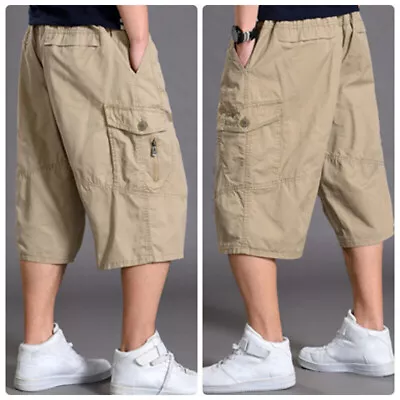 Mens Shorts Baggy Casual Cotton Trousers Solid 3/4 Length Cargo Pants Plus Size • $21