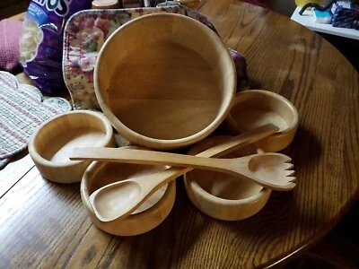 $49.99 • Buy Home 7PC Bamboo Salad Bowl Set Kitchen Wooden  Bowls W/ Utensils