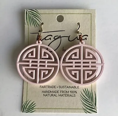 NEW Pink Lacquer Medallion Earrings Tagua Nut Open Work Asian-Style Lightweight • $14.36