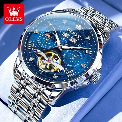 Mechanical Day Date OLEVS Starry Sky Skeletons Automatic Watch Men Moon Phase 3M • $85.99