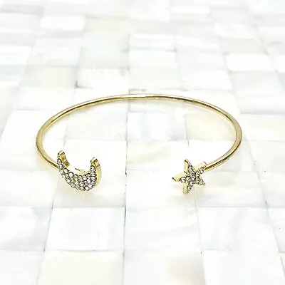 Moon & Star Rhinestone Open Cuff Bracelet Gold Tone The Vintage Strand Lot #5328 • $8.49