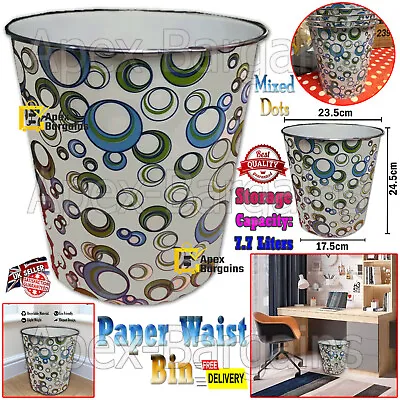 Paper Waste Dust Bin Basket 7.7L Round Rubbish Mixes Dot Bathroom Kitchen Office • £6.79