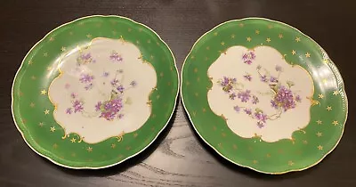Set Of 2 Antique Ginori Italy Hand Painted Plates Green Band Violets Gold Stars • $56