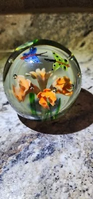 Vintage Murano Style Art ~ Flowers / Butterflies ~ Heavy Glass Paperweight  • $10