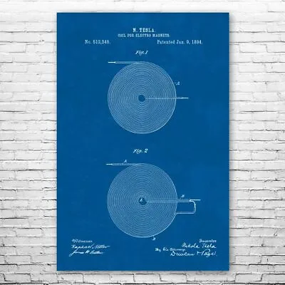 Nikola Tesla Coil For Electromagnets Patent Poster Print 12 SIZES Engineer Gift • $12.95