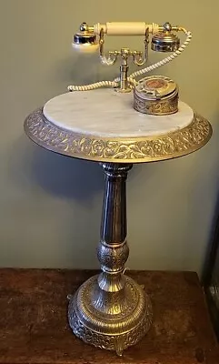 Vintage Rotary Telephone Table W/ Marble Top & Ornate Brass Base • $149.99