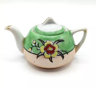 Vintage Japan Peach Lusterware Child's Teapot Green With Yellow Flowers • $9.95