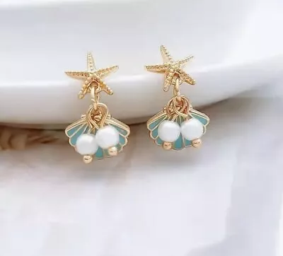 Earrings Enamel Shell Kate Fish Pearl Blue Gold Starfish Stud Drop Dangle Spade • $24.78